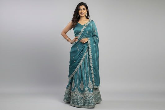 Teal Zari Embroidered Lehenga Set(unstitched) – Festive & Wedding Wear