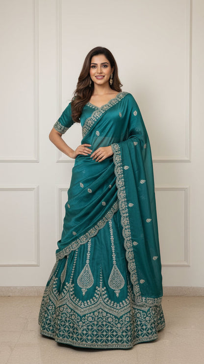 Teal Embroidered Lehenga Set(unstitched) | Festive & Wedding Ethnic Wear