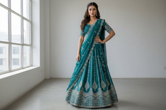 Teal Zari Embroidered Lehenga Set(unstitched) – Festive & Wedding Wear
