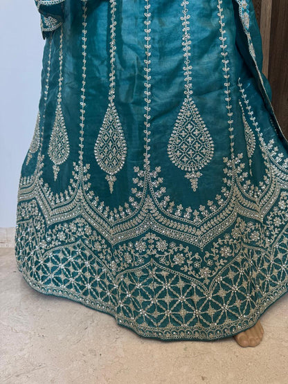 Teal Embroidered Lehenga Set(unstitched)