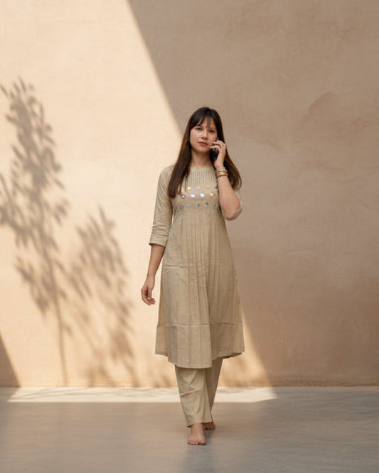 Beige Mirror Work Straight Kurta Set with Pants