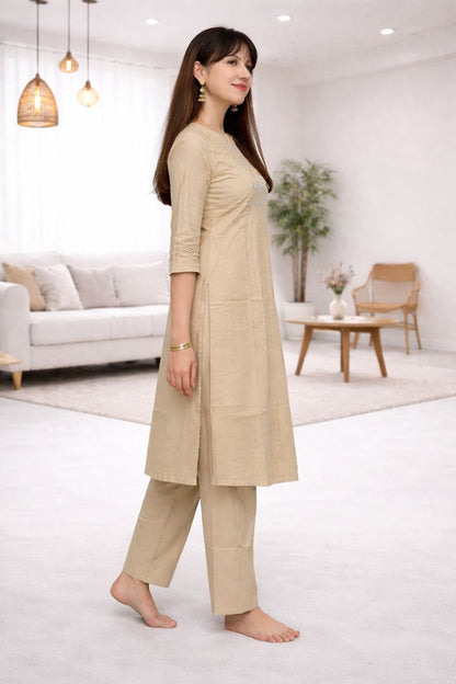 Beige Mirror cotton Work Kurta Set