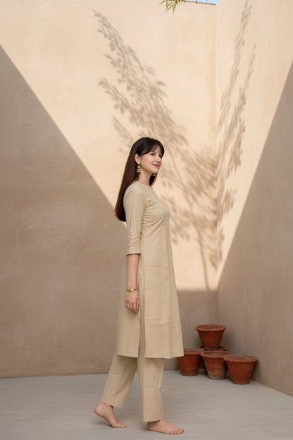 Beige Mirror cotton Work Kurta Set