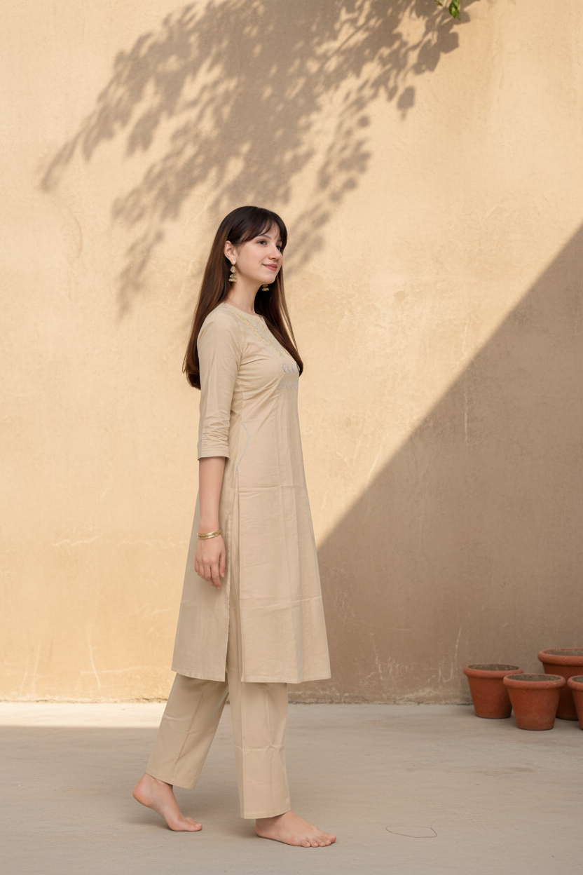 Beige Mirror cotton Work Kurta Set