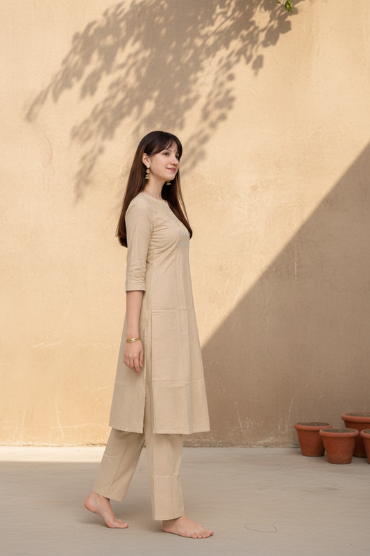 Beige Mirror Work Straight Kurta Set with Pants
