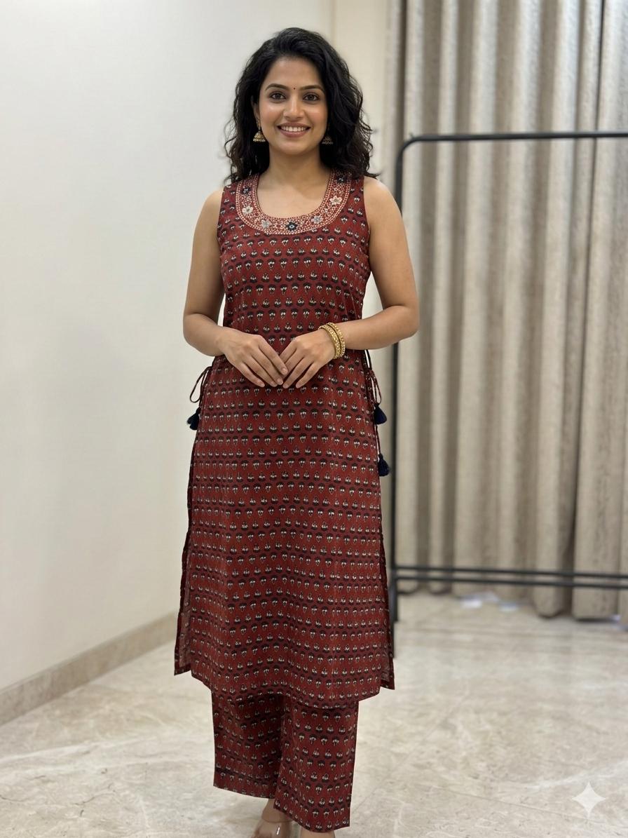 Maroon Jaipuri Printed Cotton Kurta Set