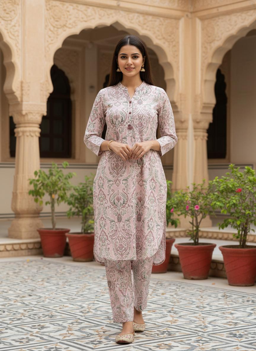Pastel Pink Printed Cotton Kurta Set