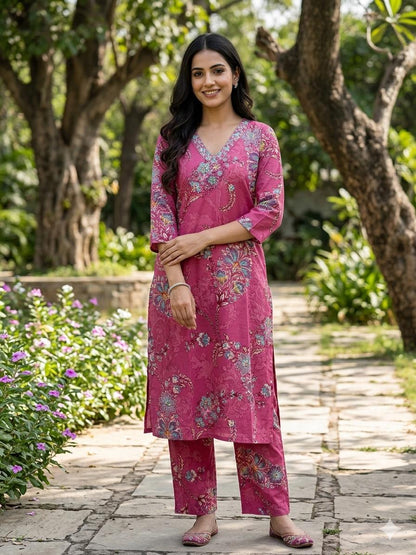 Pink Printed Cotton Kurta Set