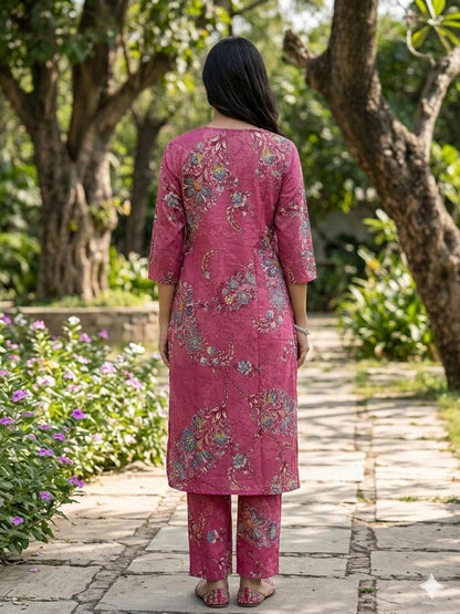 Pink Printed Cotton Kurta Set