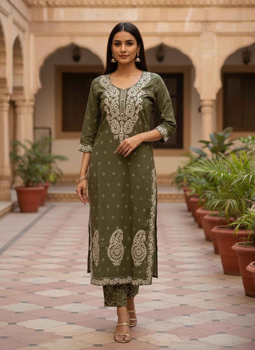 Olive Embroidered Cotton Kurta Set