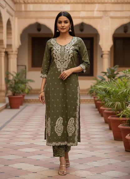 Olive Embroidered Cotton Kurta Set