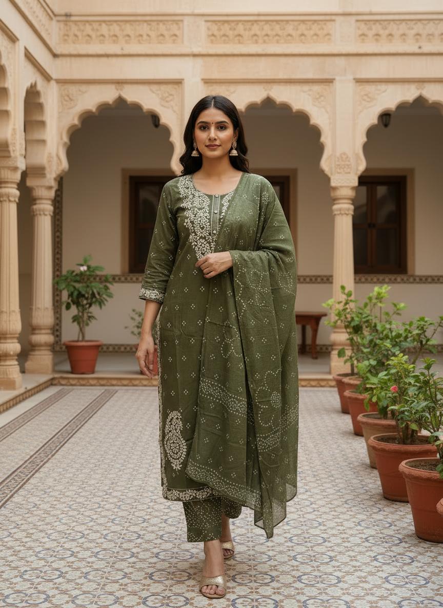 Olive Embroidered Cotton Kurta Set