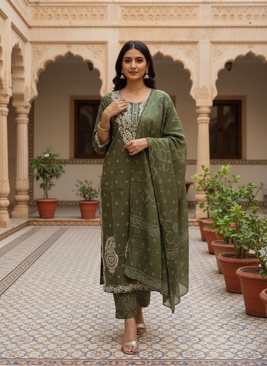 Olive Embroidered Cotton Kurta Set