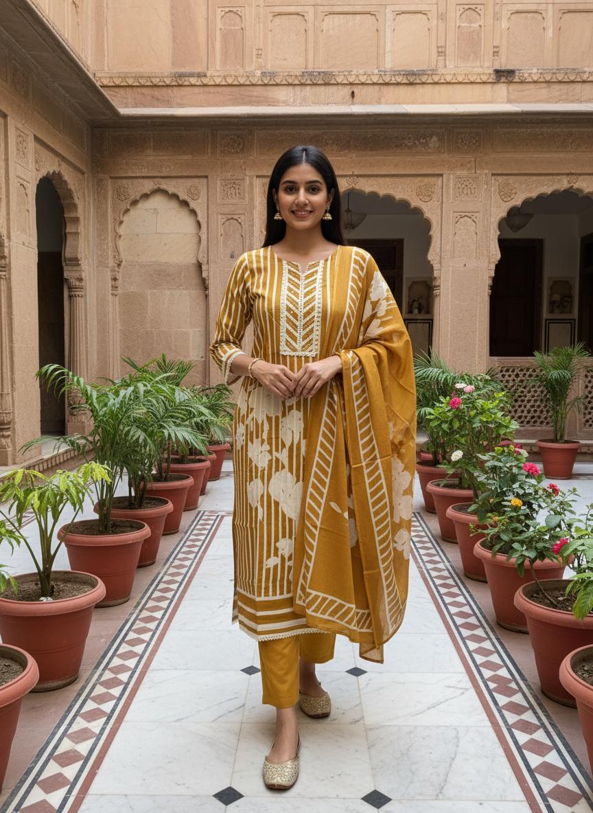 Mango Yellow Cotton Kurta set