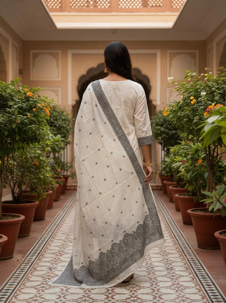 Off White Cotton embroidered Kurta Set