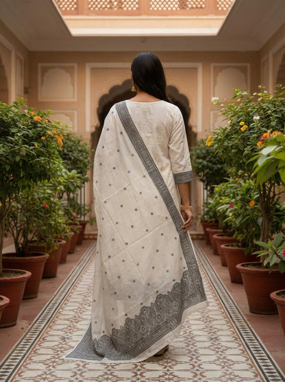 Off White Cotton embroidered Kurta Set