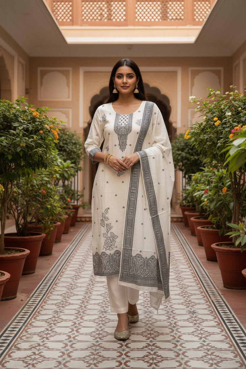 Off White Cotton embroidered Kurta Set