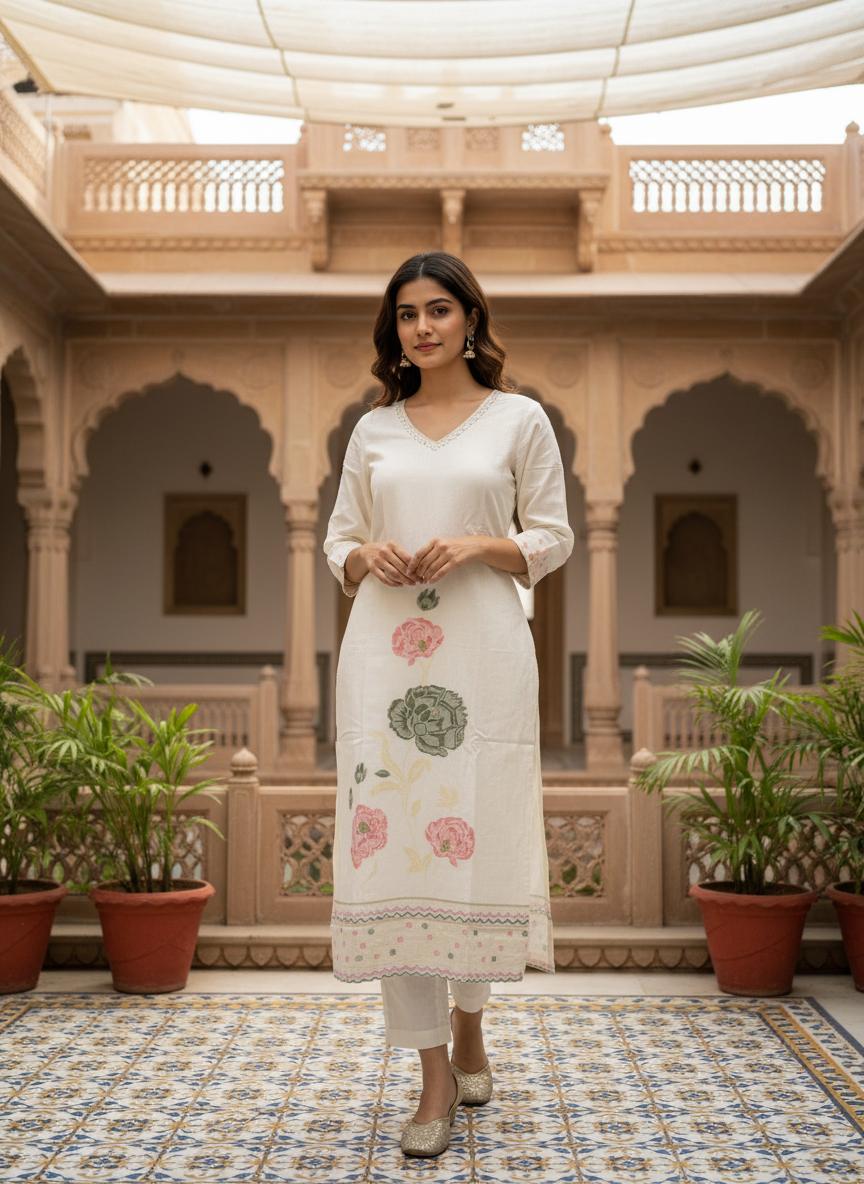 Off White Cotton Embroidered Kurta Set