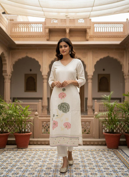 Off White Cotton Embroidered Kurta Set