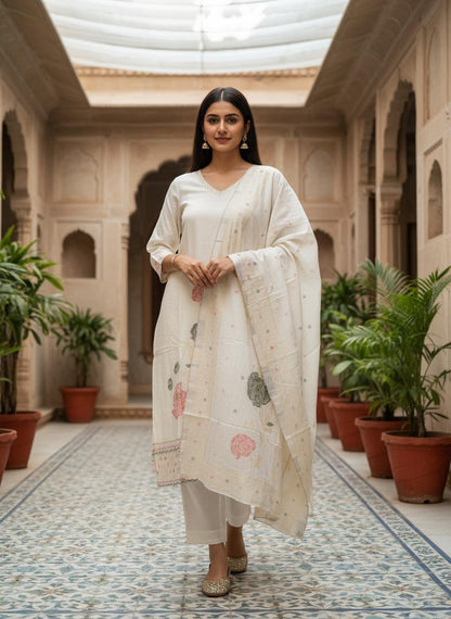 Off White Cotton Embroidered Kurta Set