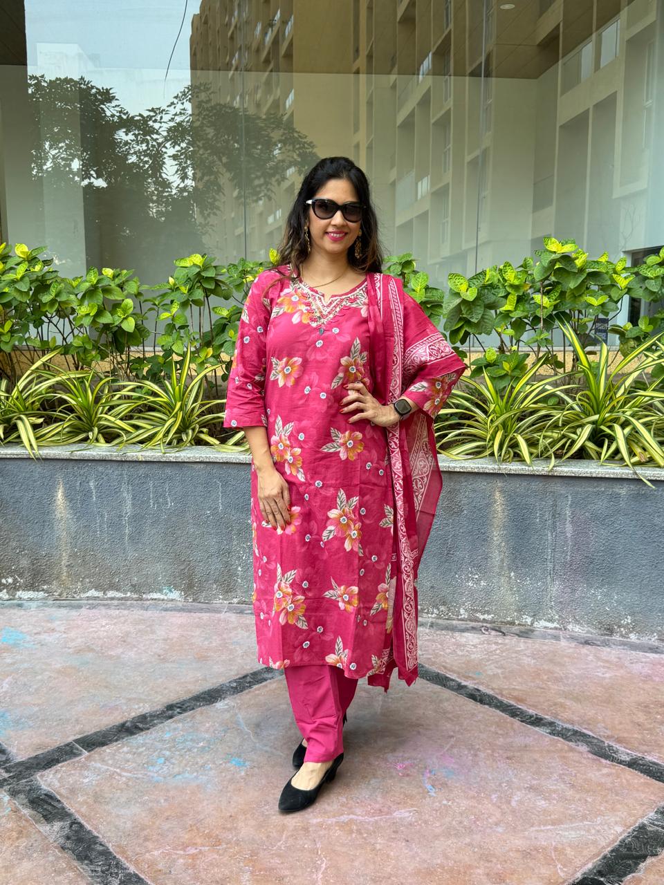 Pink Embroidered Cotton Kurta Set