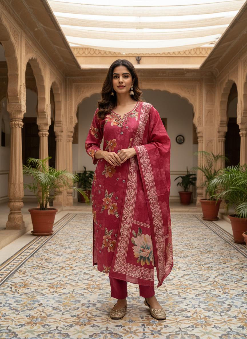 Pink Embroidered Cotton Kurta Set