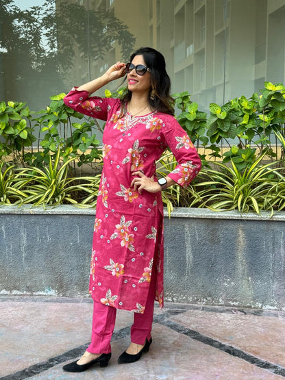 Pink Embroidered Cotton Kurta Set