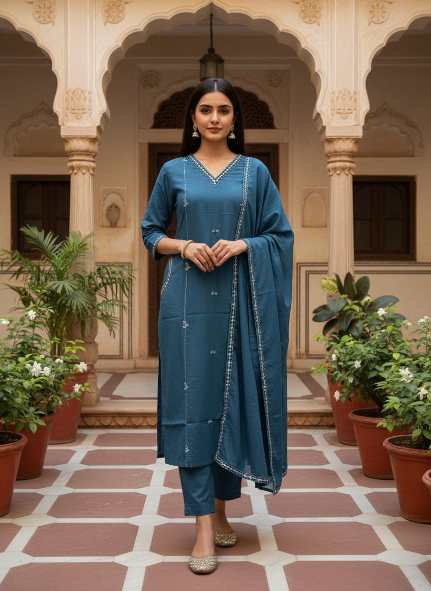 Teal Cotton Kurta Set