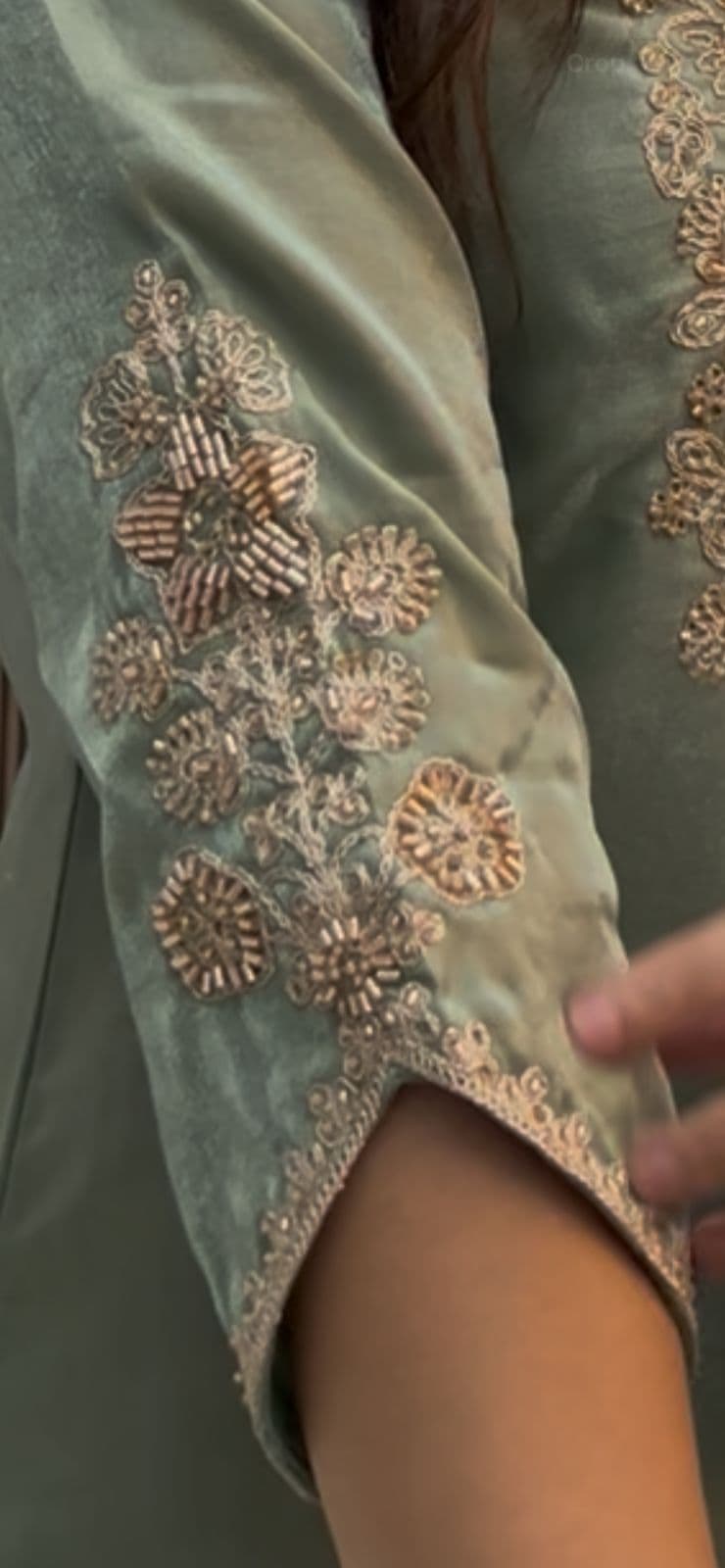 Sage green kurta in Roman Glass fabric with embroidered yoke and sleeves