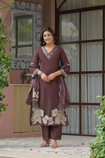Chocolate brown embroidered cotton kurta set with V-neckline floral embroidery, straight pants and matching dupatta — front view