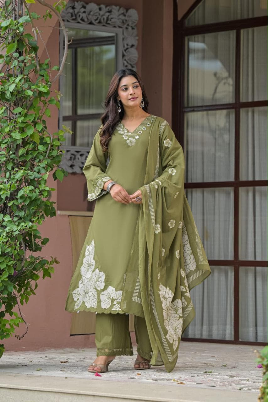 Vanya Olive Green Floral Embroidered Kurta Set