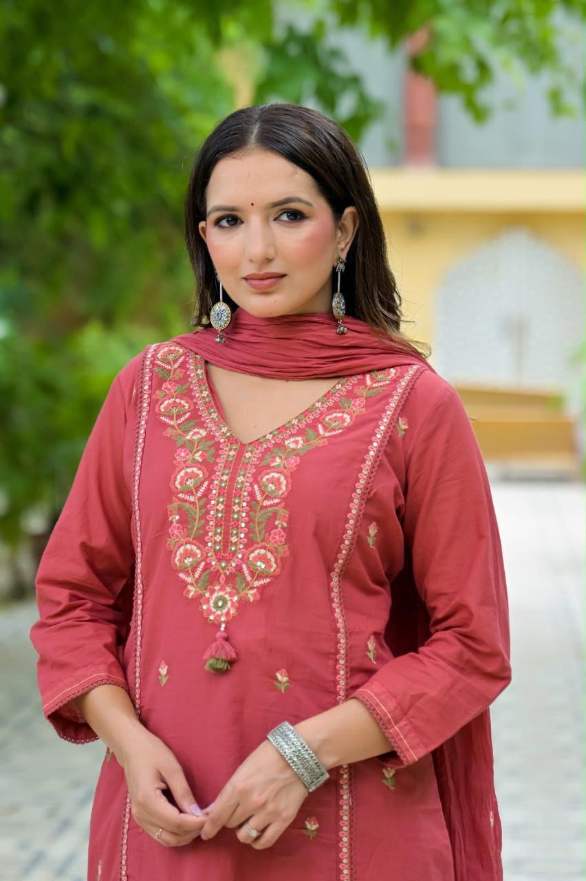 Kusum Gajari Pink Embroidered Cotton Kurta Set