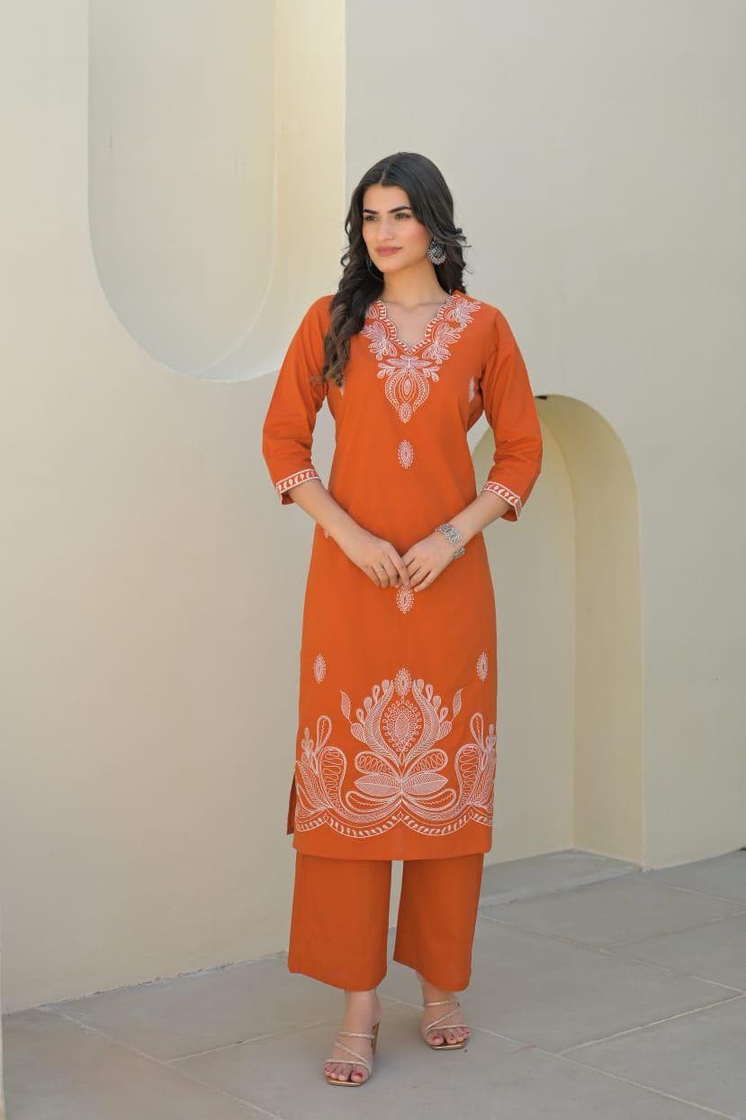 Riva Orange Embroidered Kurta Set