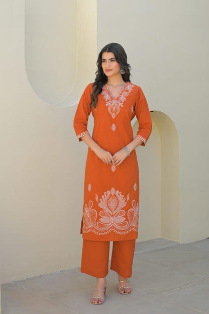 Riva Orange Embroidered Kurta Set