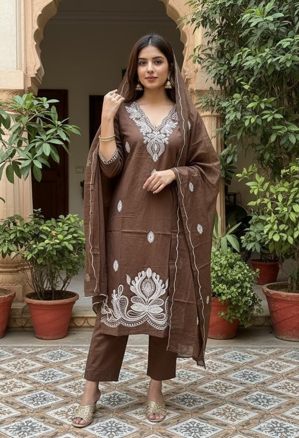 Brown Embroidered Cotton Kurta Set