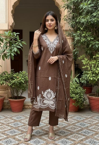 Brown Embroidered Cotton Kurta Set