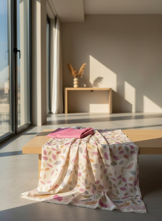 Off white pink leafy print kurta set material