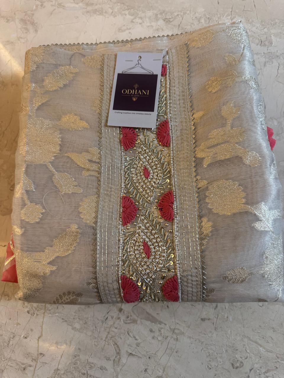 Beige and Pink Gota Patti Kurta Material