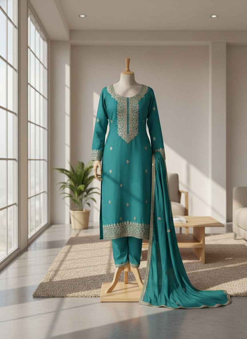 Neck Embroidery Suit Material with the Banarasi Texture Dupatta Set - Teal