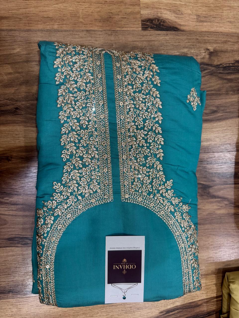 Neck Embroidery Suit Material with the Banarasi Texture Dupatta Set - Teal