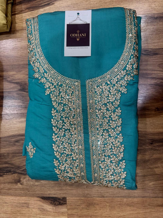 Neck Embroidery Suit Material with the Banarasi Texture Dupatta Set - Teal