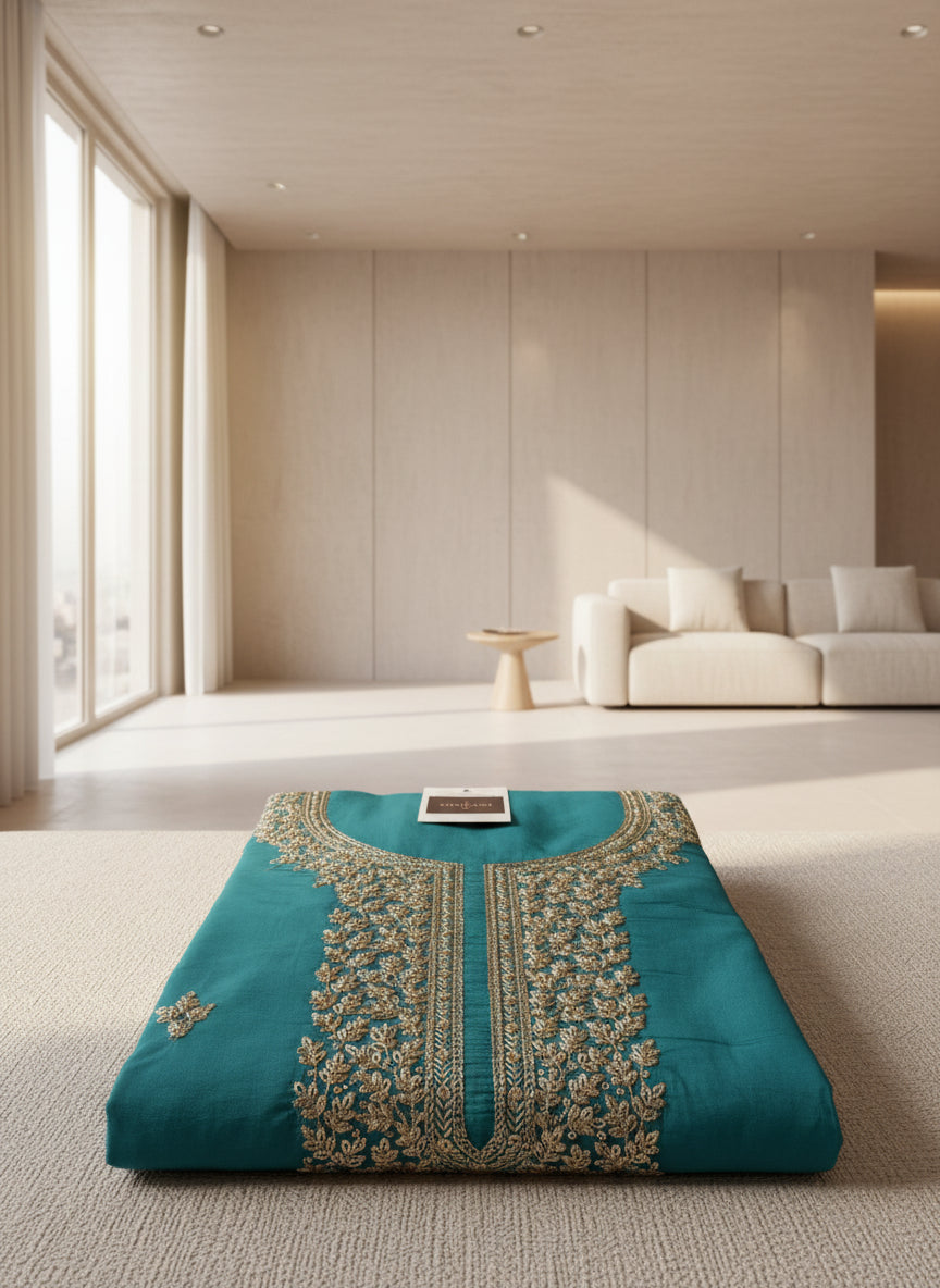 Neck Embroidery Suit Material with the Banarasi Texture Dupatta Set - Teal