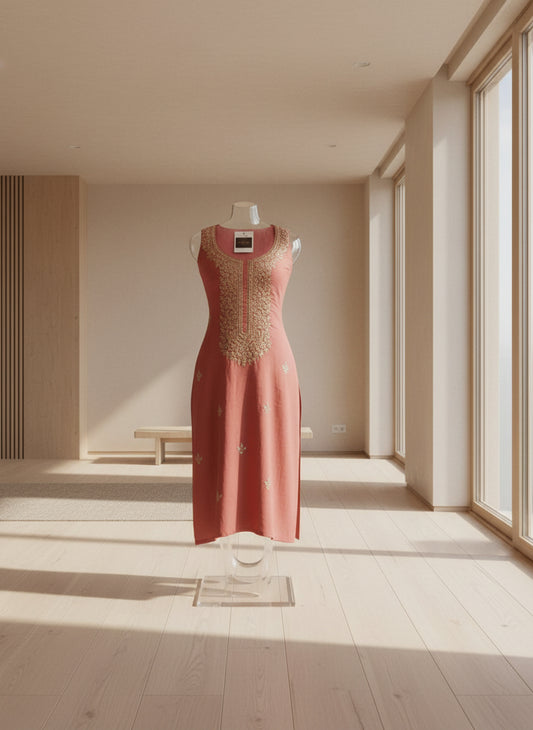 Neck Embroidery Suit Material with the Banarasi Texture Dupatta Set - Pink