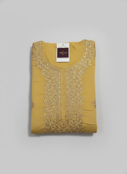 Neck Embroidery Suit Material with the Banarasi Texture Dupatta Set - Yellow
