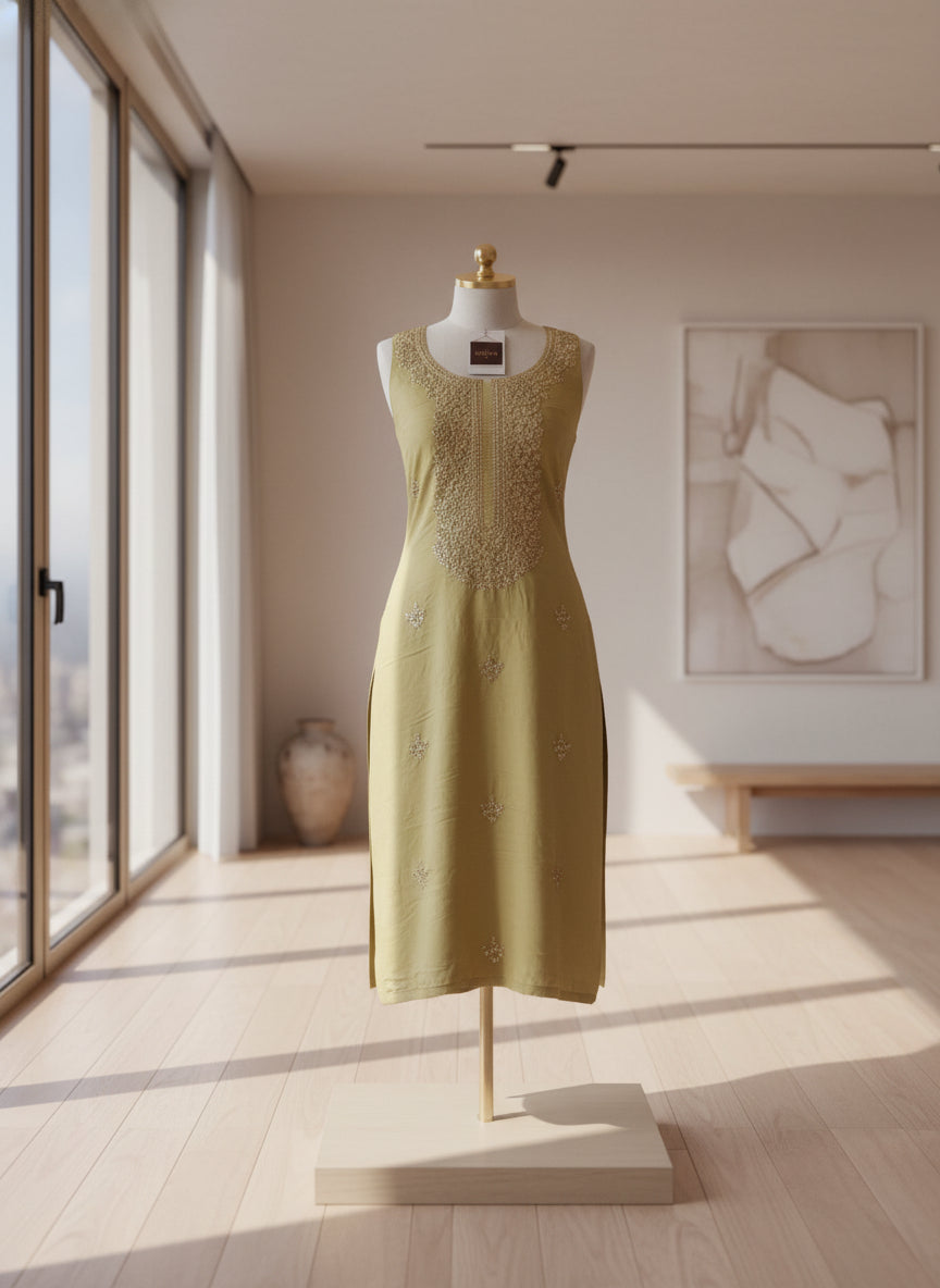 Neck Embroidery Suit Material with the Banarasi Texture Dupatta Set - Yellow