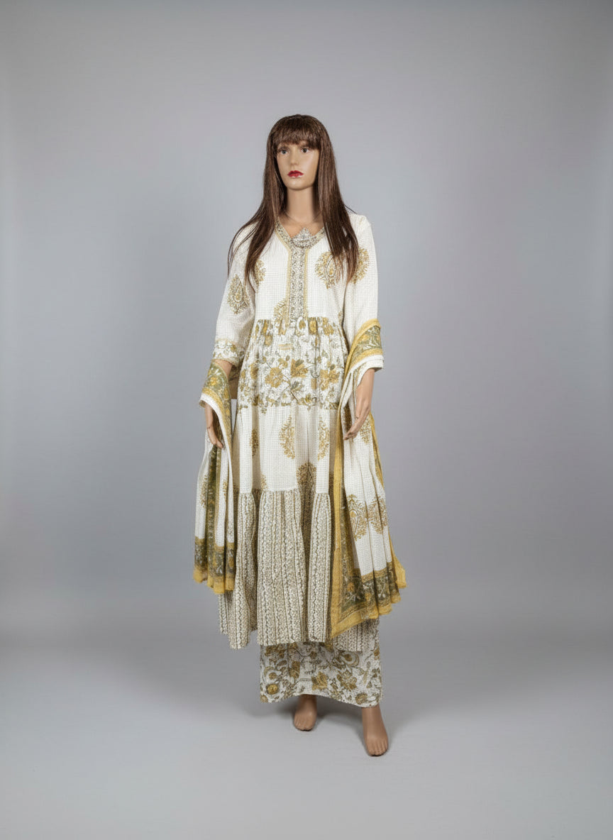 Offwhite Checkmate and Floral Print Kurta Set