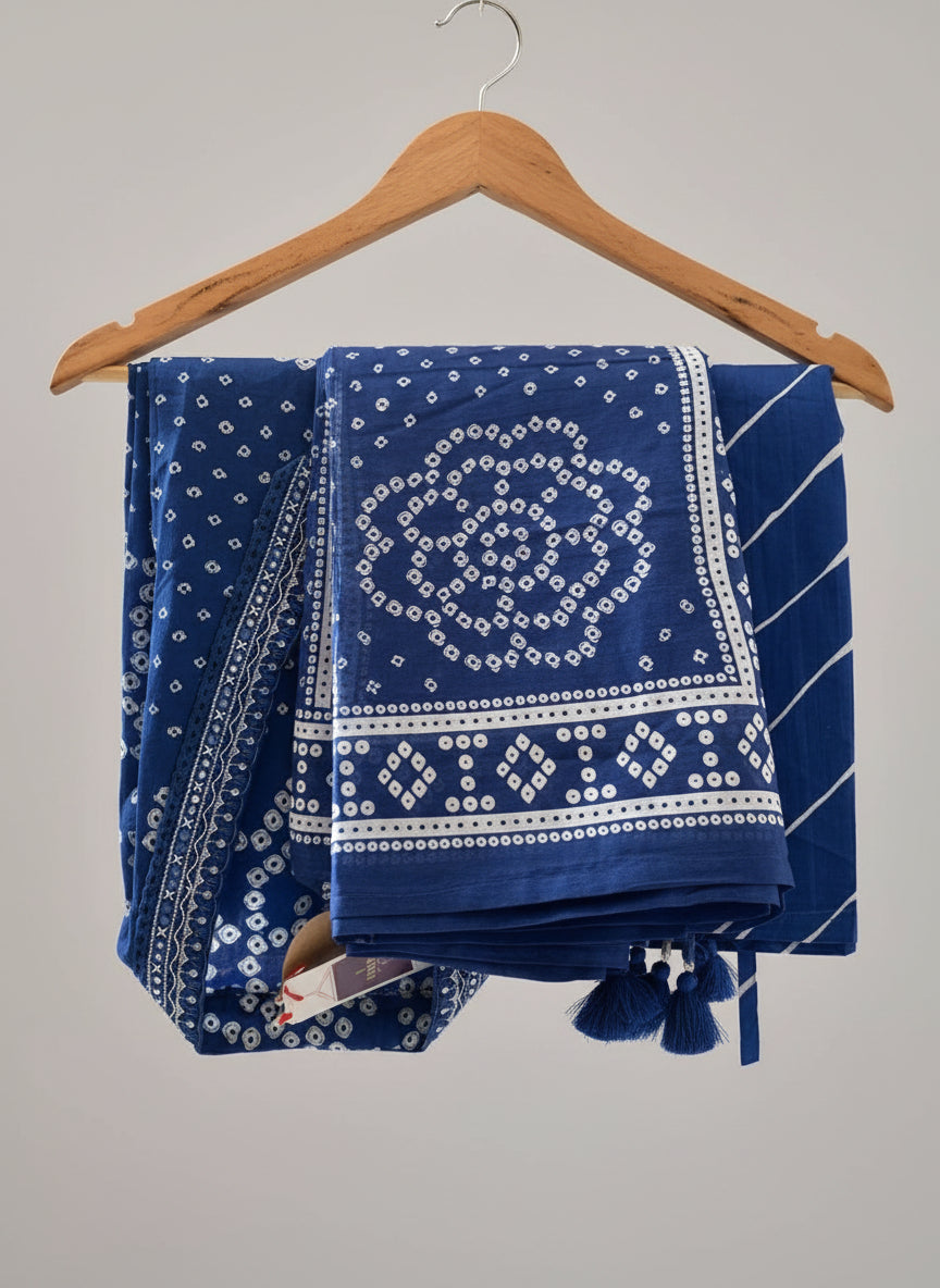 Indigo Bandhani Print Cotton Kurta Set with Striped Dupatta