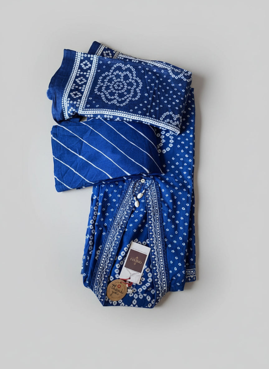 Indigo Bandhani Print Cotton Kurta Set with Striped Dupatta