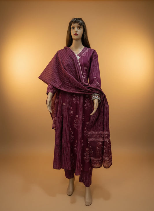 Maroon Printed Anarkali Cotton Kurta Set