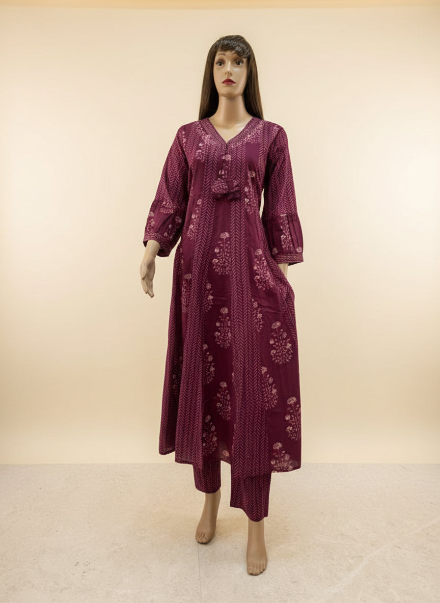 Maroon Printed Anarkali Cotton Kurta Set